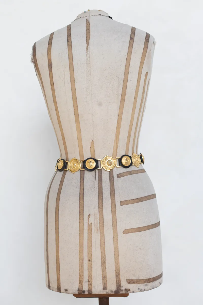 Black Leather Belt With Gold Buckle and Inserts