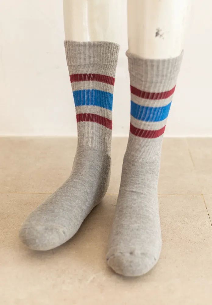 Grey Socks with Blue and Burgundy Stripes
