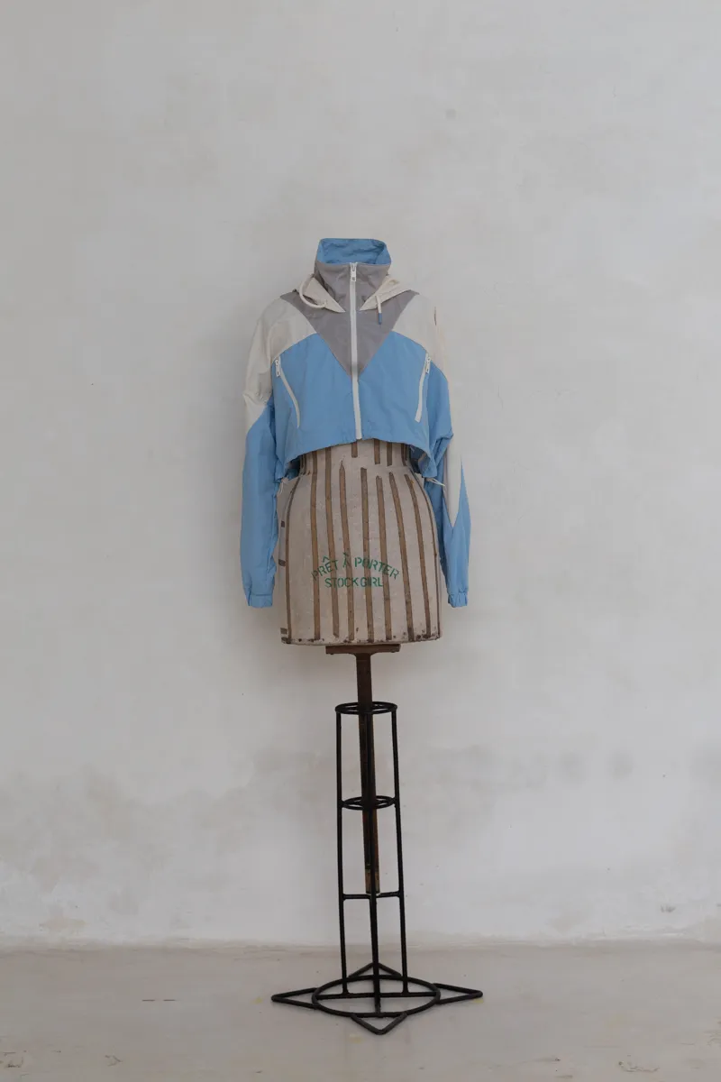 Grey, White and Blue Cropped Windbreaker Jacket