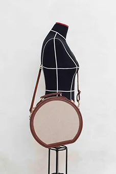 Beige and Leather Hat Box Case Bag