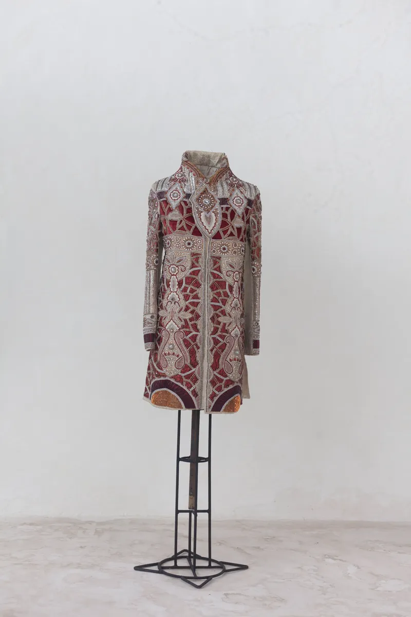 Vintage Silver and Burgundy Printed Dress