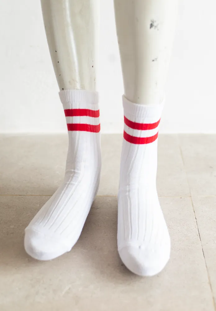 White Ribbed Socks with Red Stripes