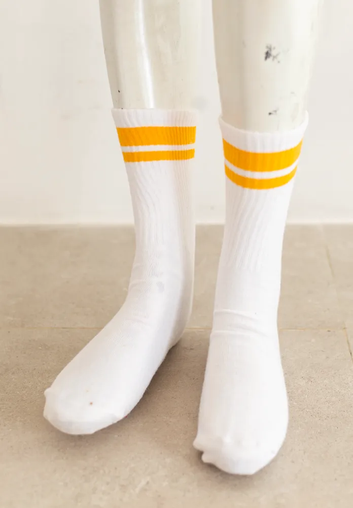 White Ribbed Socks with Orange Stripes