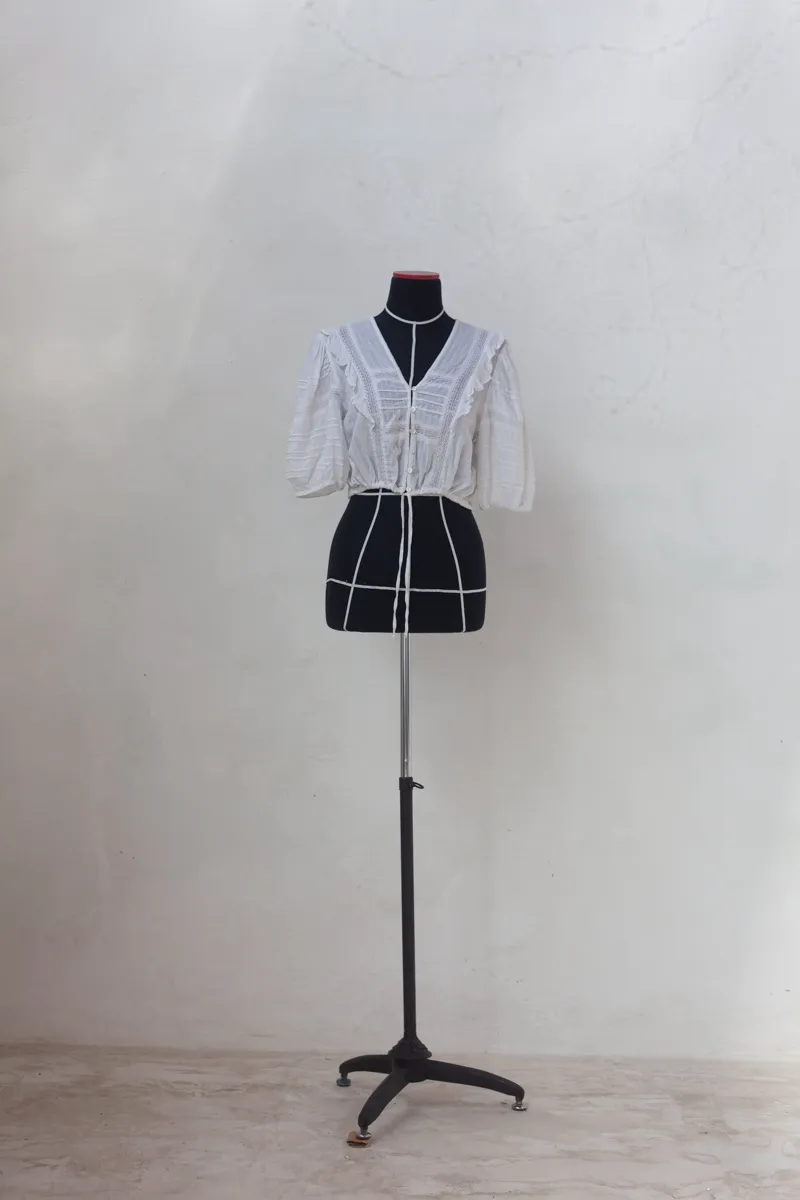 Cropped V- Neck Blouse with Ruffles