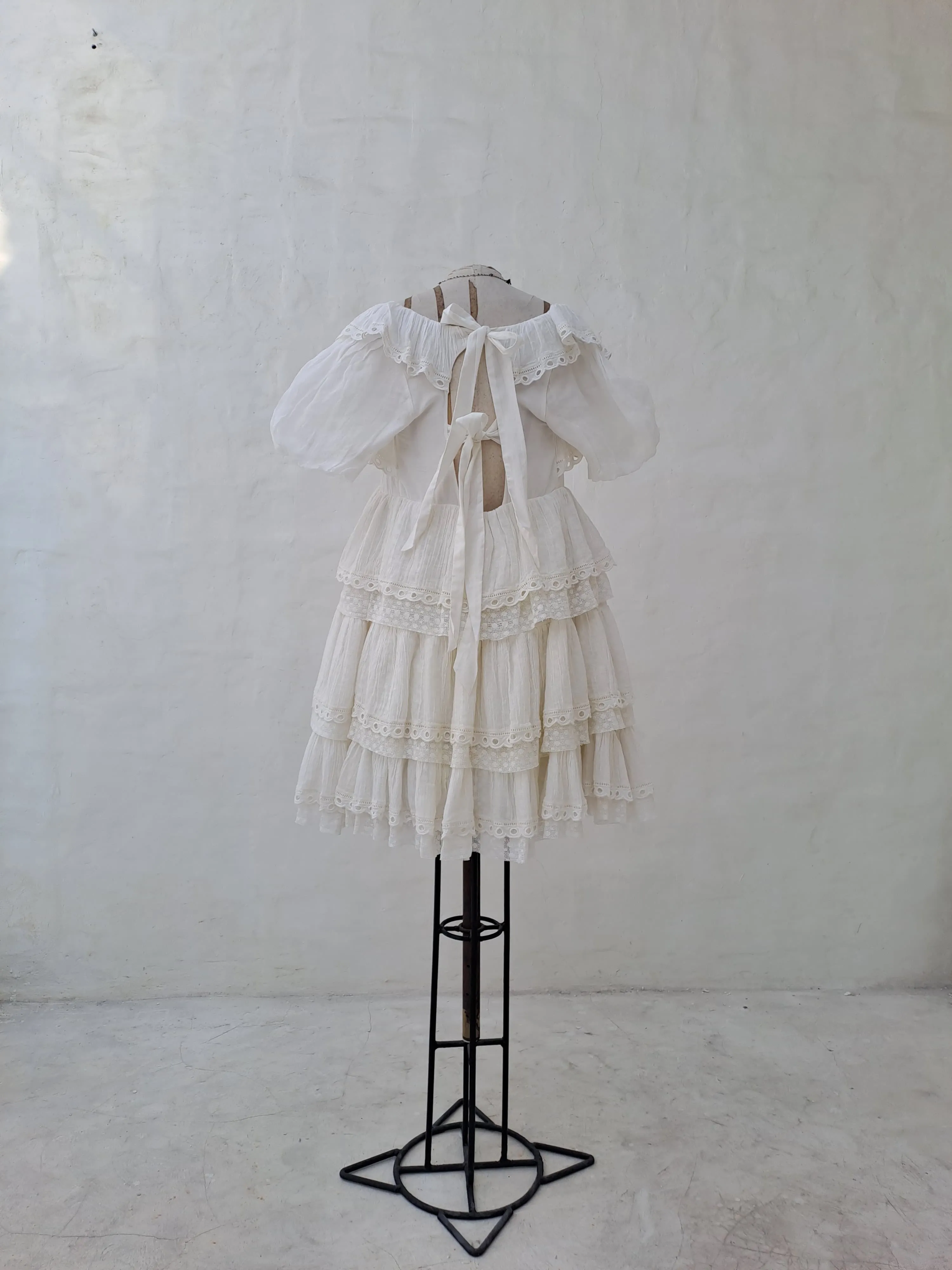 Innika Choo Ivory Short Dress with Ruffles and Bow Back