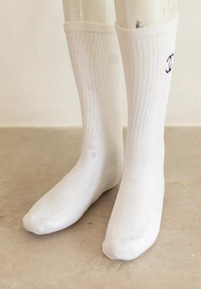 White Ribbed Chanel Logo Socks