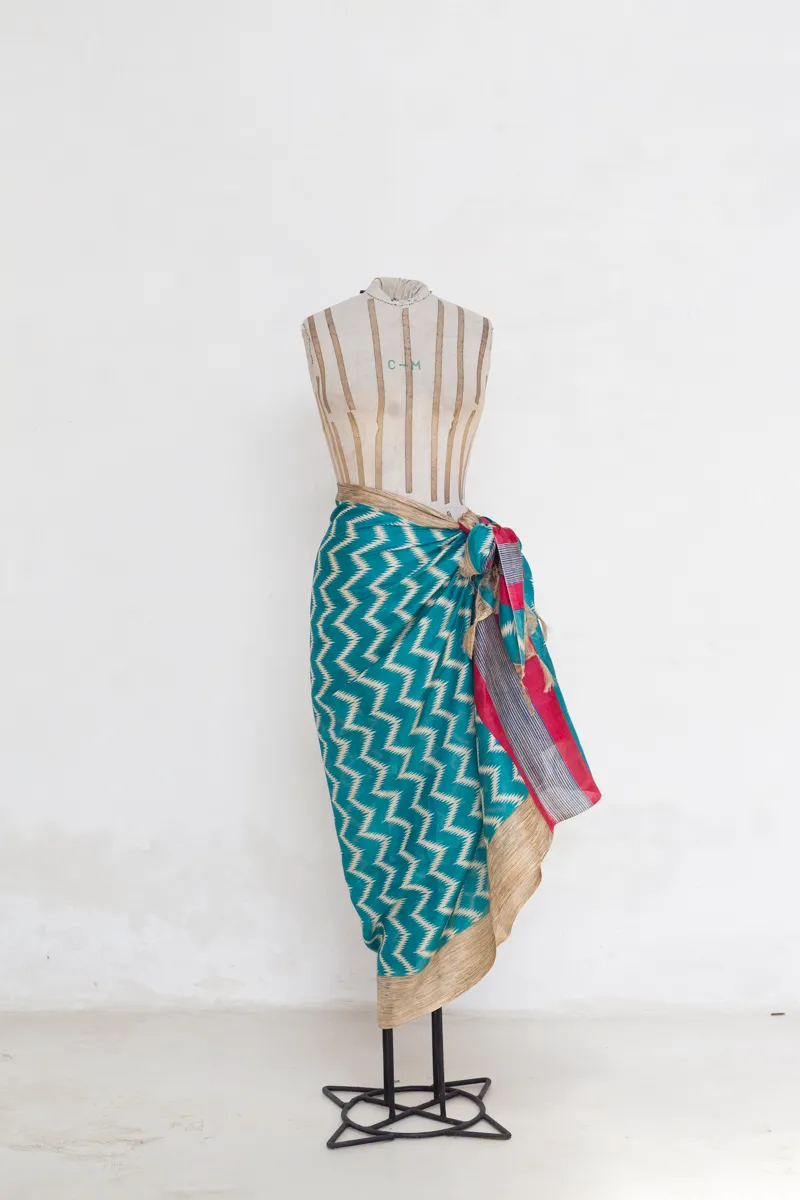 Green, Gold, and Red Sarong /Scarf with White Pattern