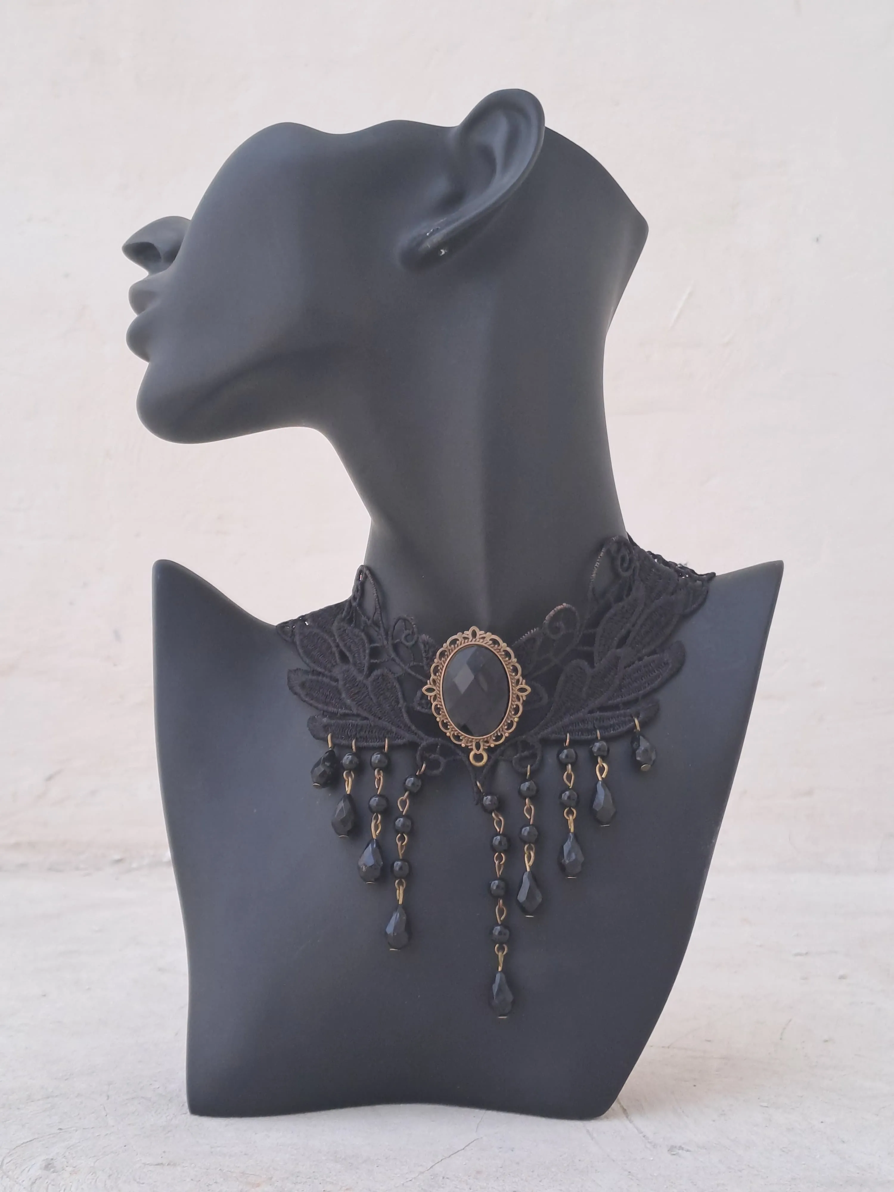 Black Victorian Lace Choker with Black Stone Pendant