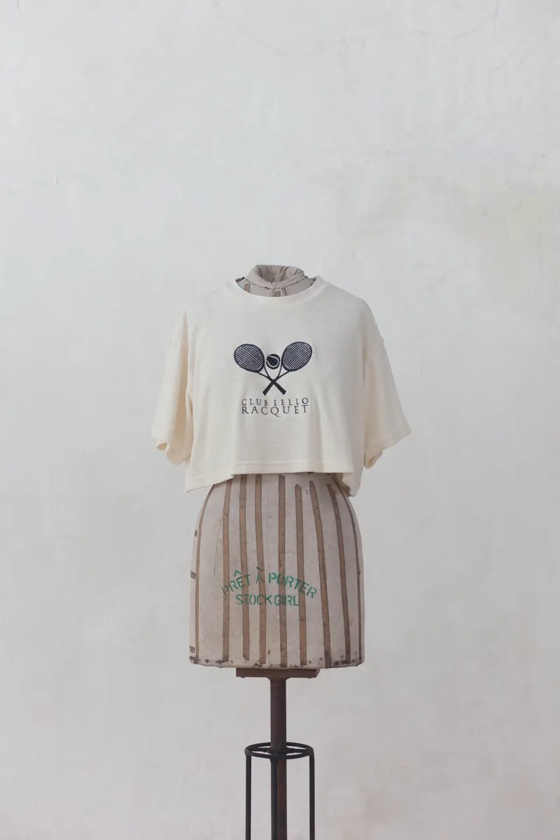 Cream Cropped T-Shirt with Tennis Racquets Print