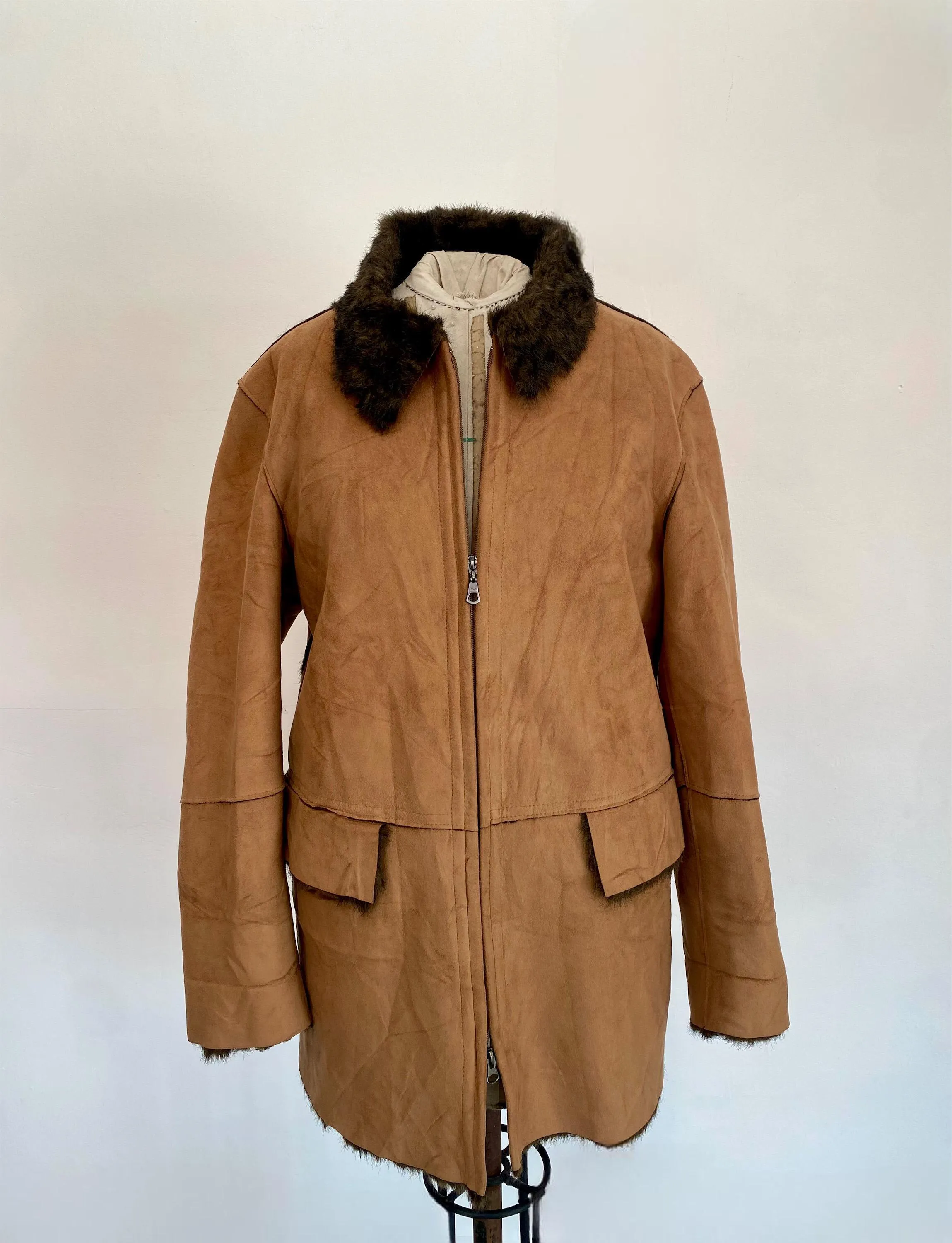 Vintage Men's Tan Suede Sheepskin Fleece Coat
