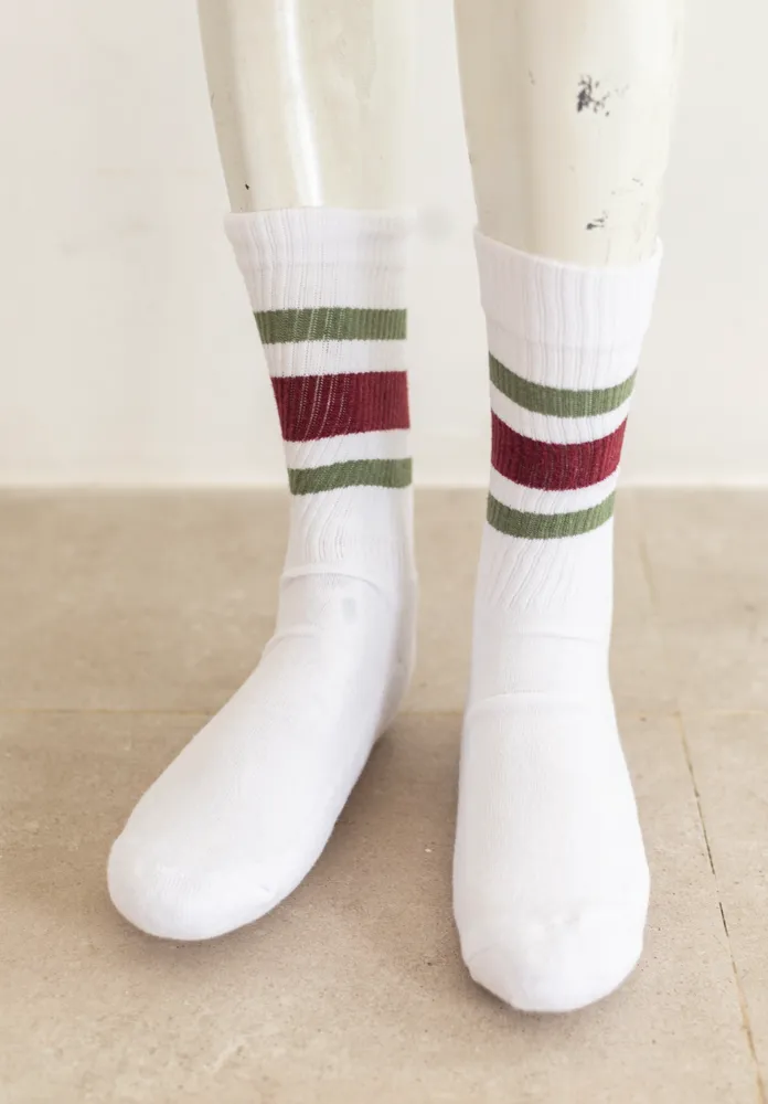 White Socks with Green and Burgundy Stripe