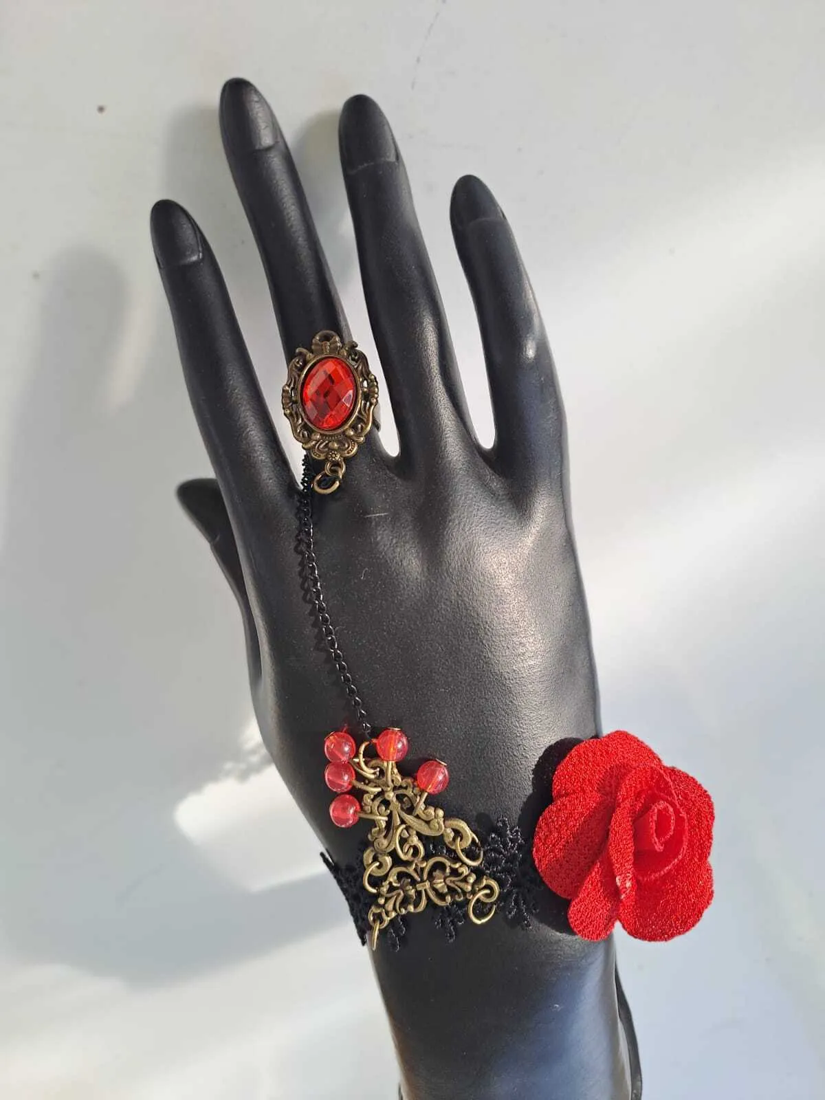 Black, Gold and Red Rose Victorian Lace Bracelet with Chain and Ring 
