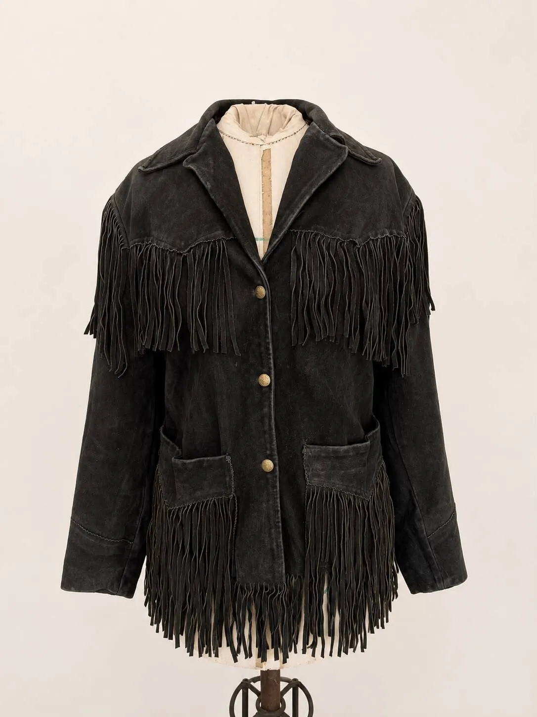 Black Faux Suede Fringe Jacket with Gold Buttons