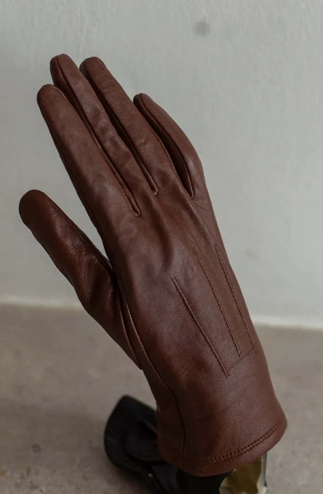 Brown Leather Hand Gloves with Stitching