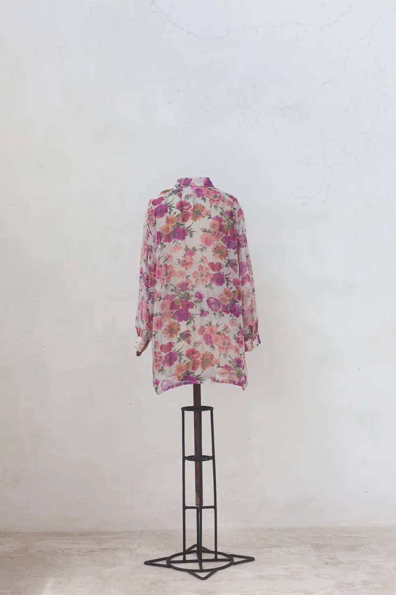 White Shirt with Pink and Fuchsia Floral Pattern