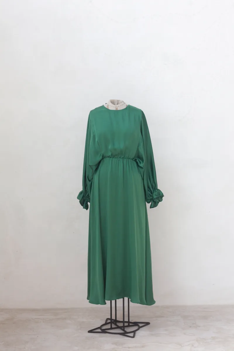 Emerald Green Dress with Ruched Sleeve