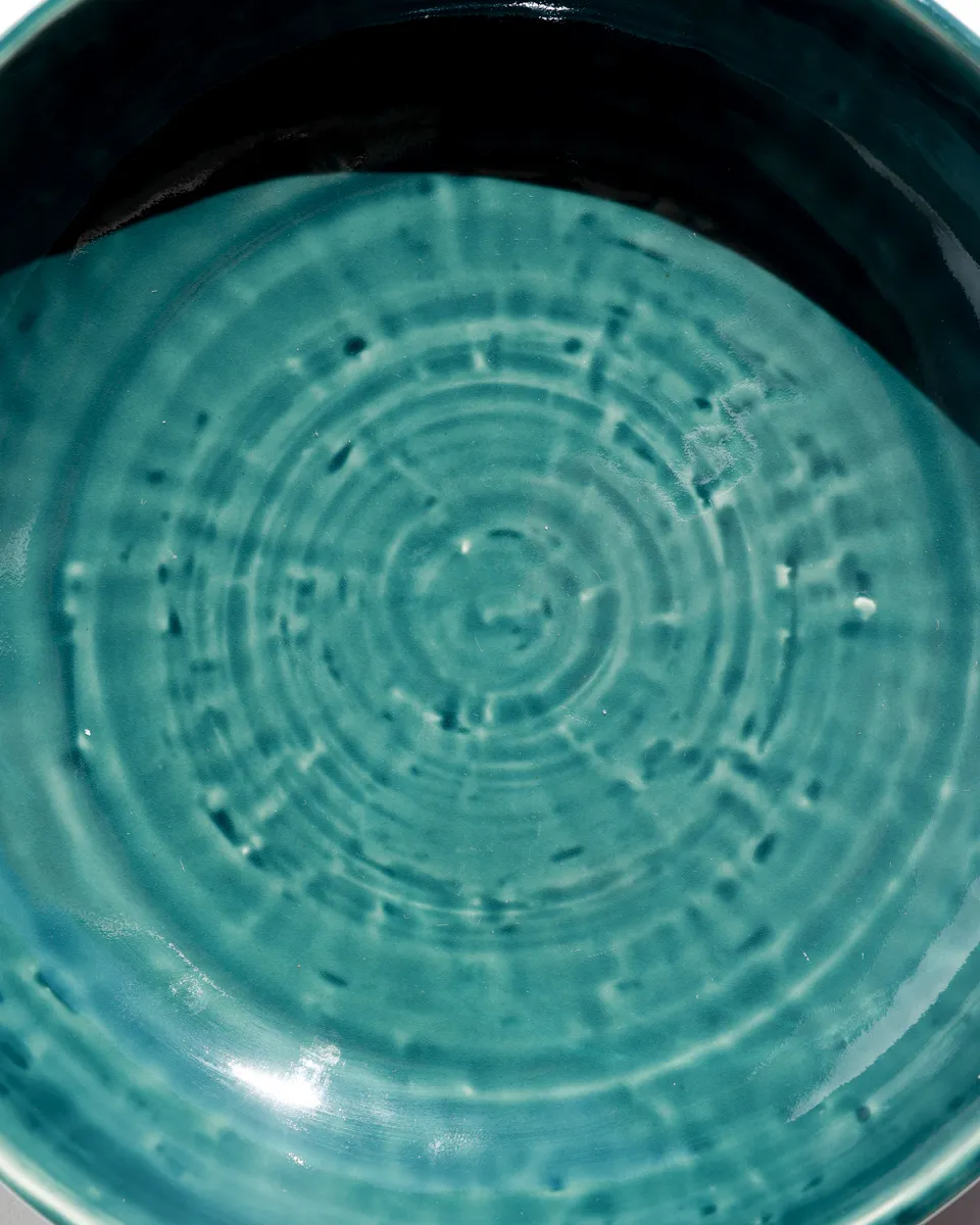 Wide, Shallow Ceramic Bowl with a Reactive Glaze Turquoise Glaze