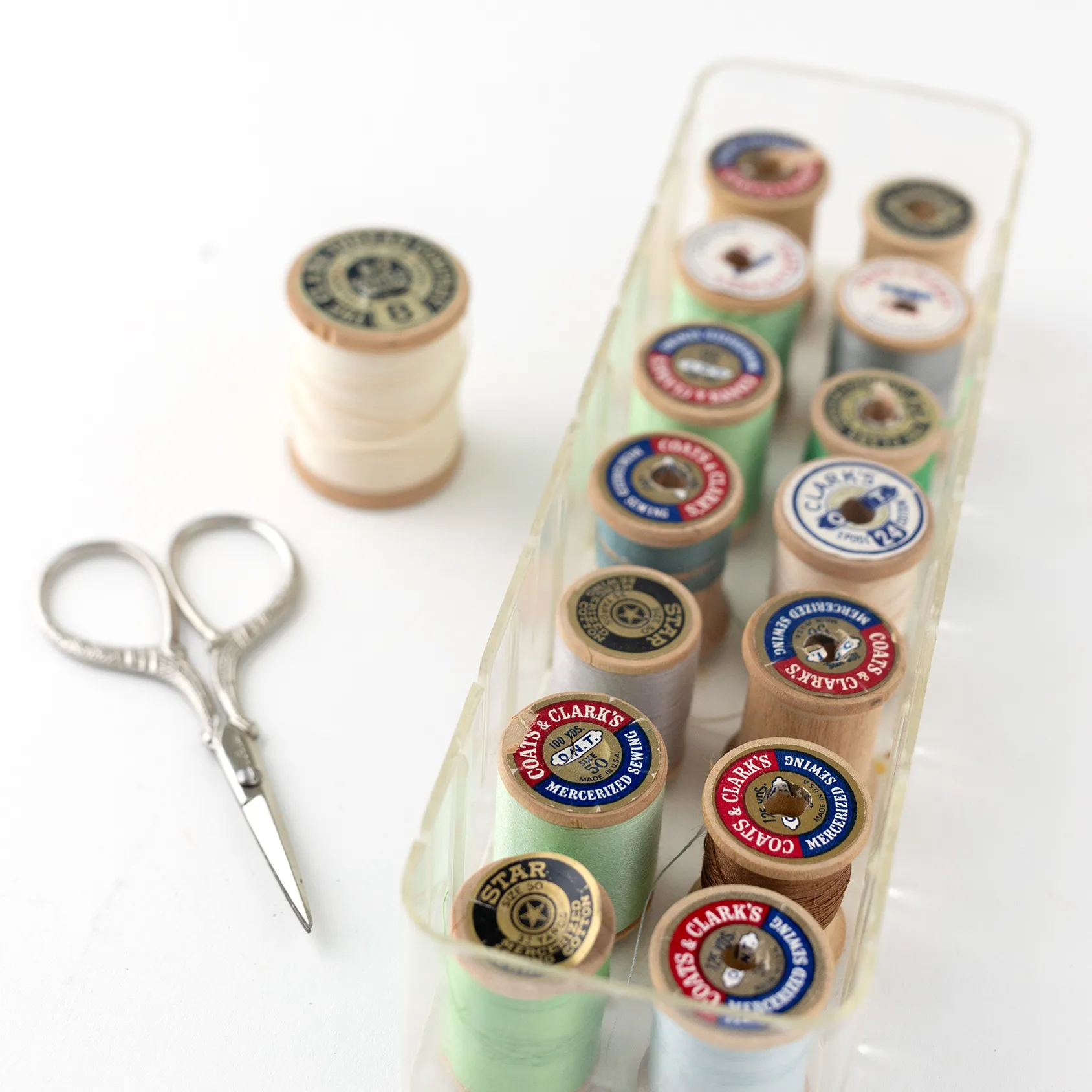 Housewares Arts and Crafts: Grandma's Sewing Kit Spools of Thread in a Plastic Case - 12" x 4"