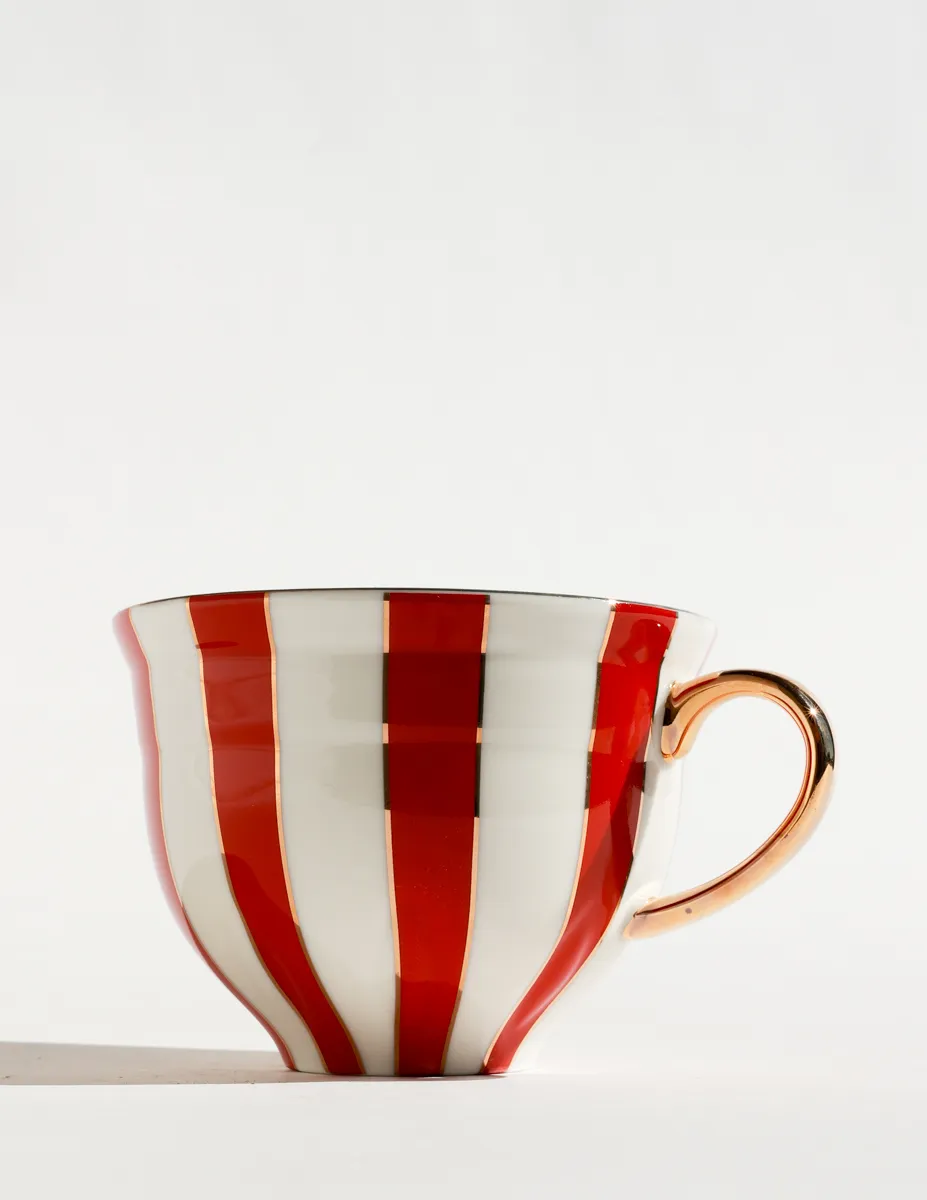 Grace Teaware Red Carousel Stripes Fine Porcelain 10oz Tea Coffee Cup and Saucer with Gold Handle