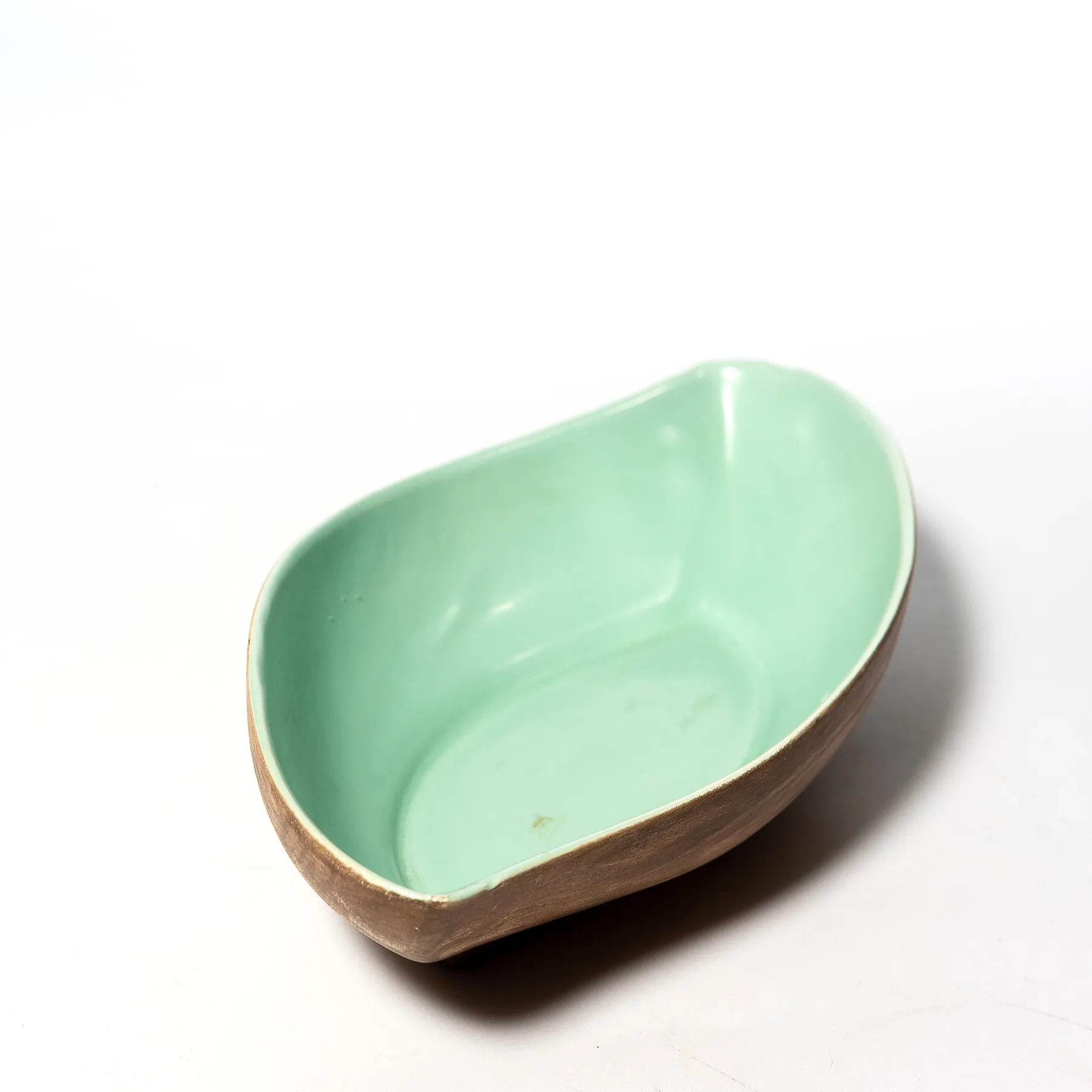 Synar 1950s Pottery Bowl Light Turquoise Matte Interior Rough Oval Shape, Brown Exterior - 10.75" x 5.5"