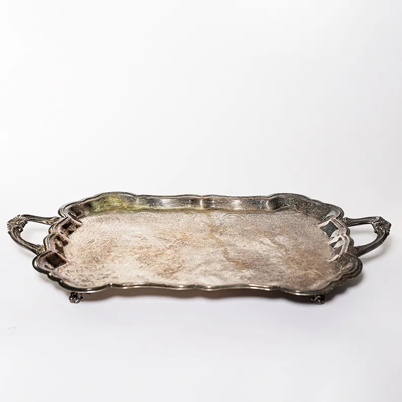 Ornate Scalloped Rectangle Footed Silver Platter Footed - 