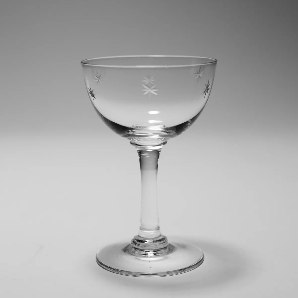 Star Dust Quartzex Crystal Champagne / Tall Sherbet Clear Glass with etched stars 