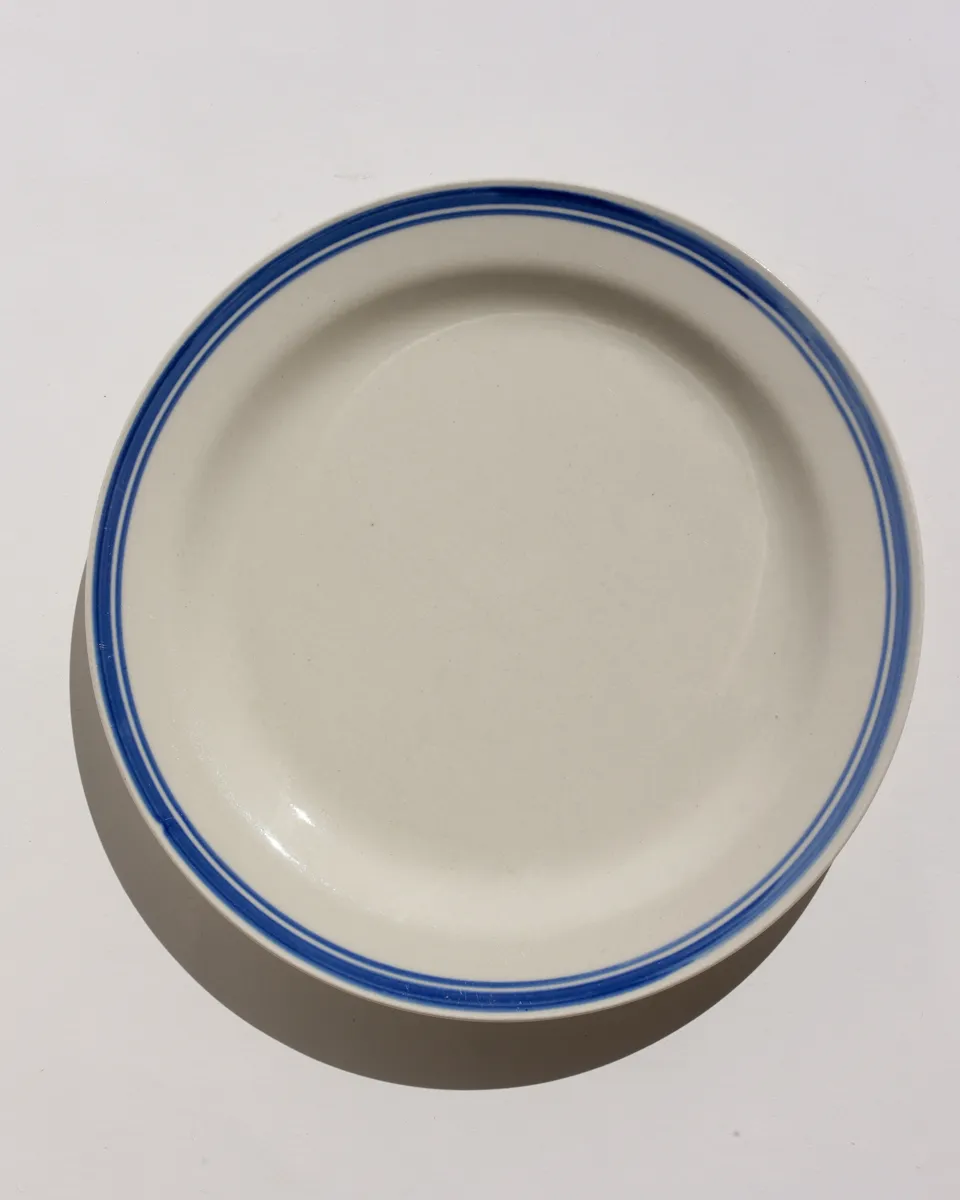 Vintage Dinner Plate, Cream Colored Body with Two Blue Bands Around the Rim, Diner
