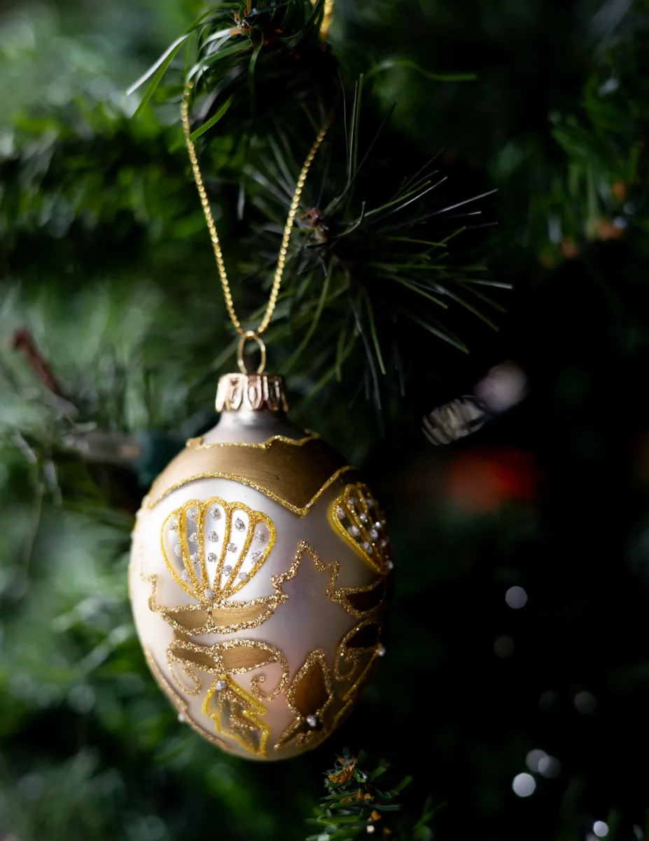 Christmas Tree Ornament Frosted Gold bulb with Gold Glitter Detail Egg shaped