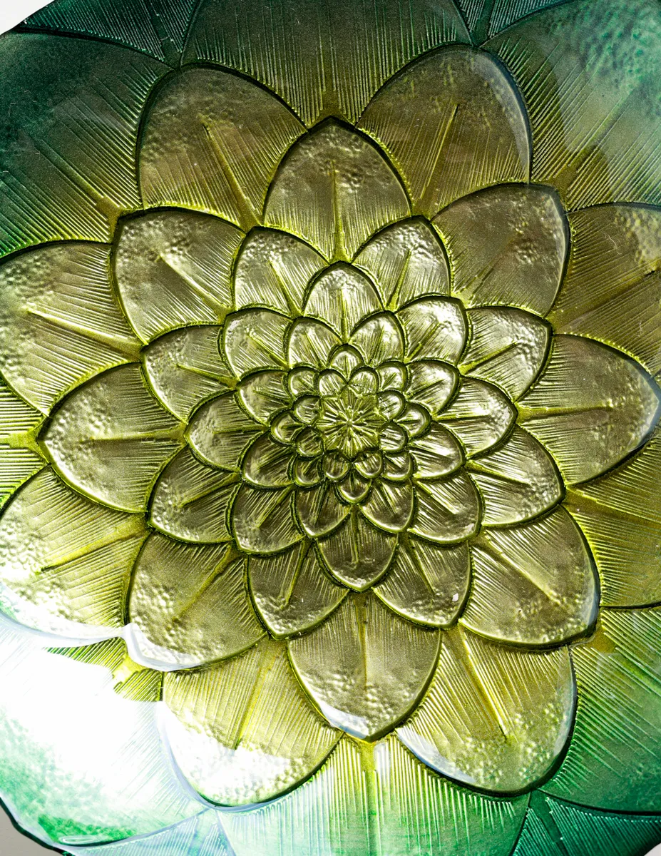 Extra Large Indiana Glass Irridescent green depression sunflower bowl, also known as the "Lily Pons" pattern