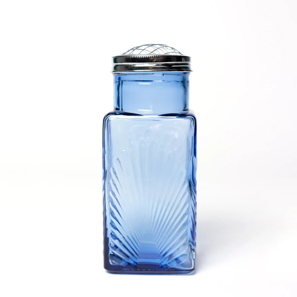 Vintage 2003 THT Blue Sunburst Pressed Glass Floral Jar Wire Frog Dome