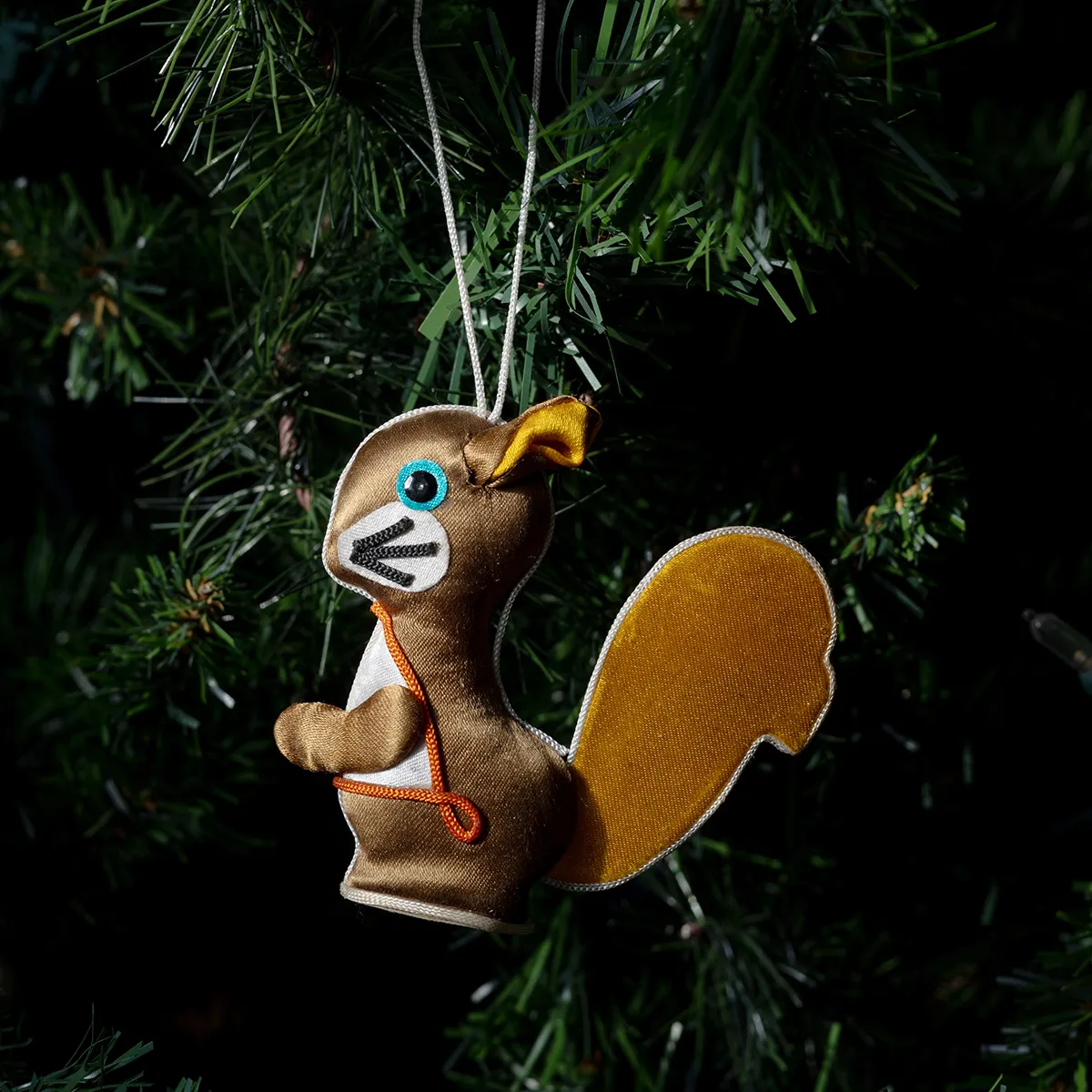 Christmas Tree Ornament: Brown Satin Squirrel with yellow tale whiskers and blue eyes
