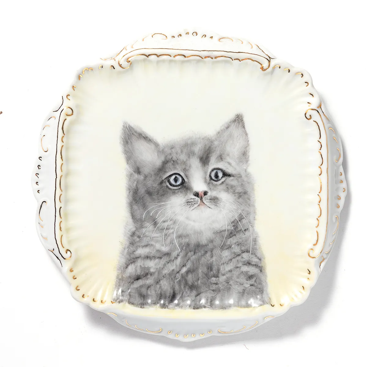 Porcelain Square plate with round scalloped corners Gold Trim.