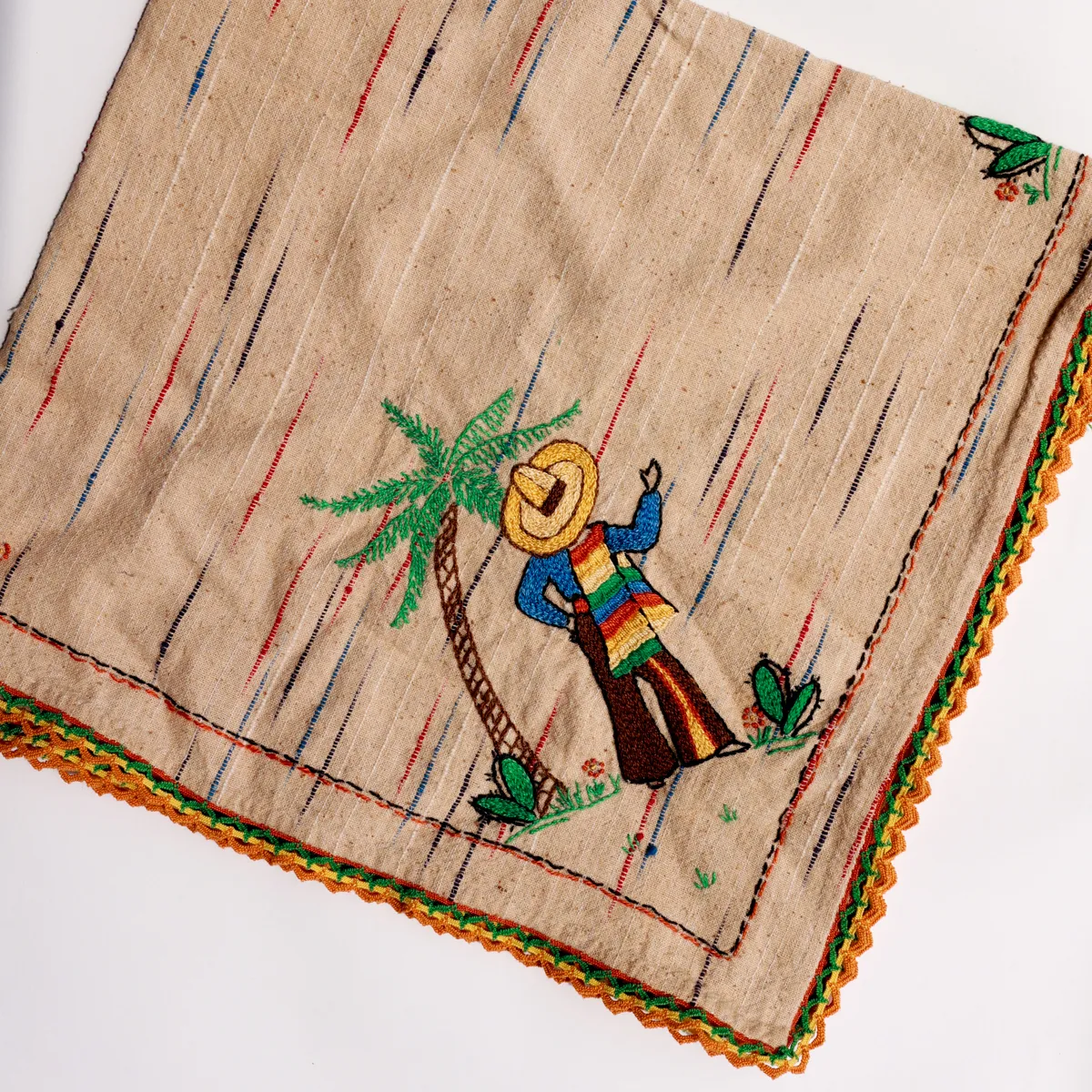 Vintage Mexican Folk Art Embroidered Linen Placemat Set