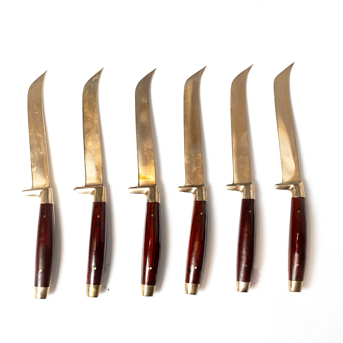 Mid Century MCM Thai Bronze and Teak Silverware Sharp Pointy Steak Knives