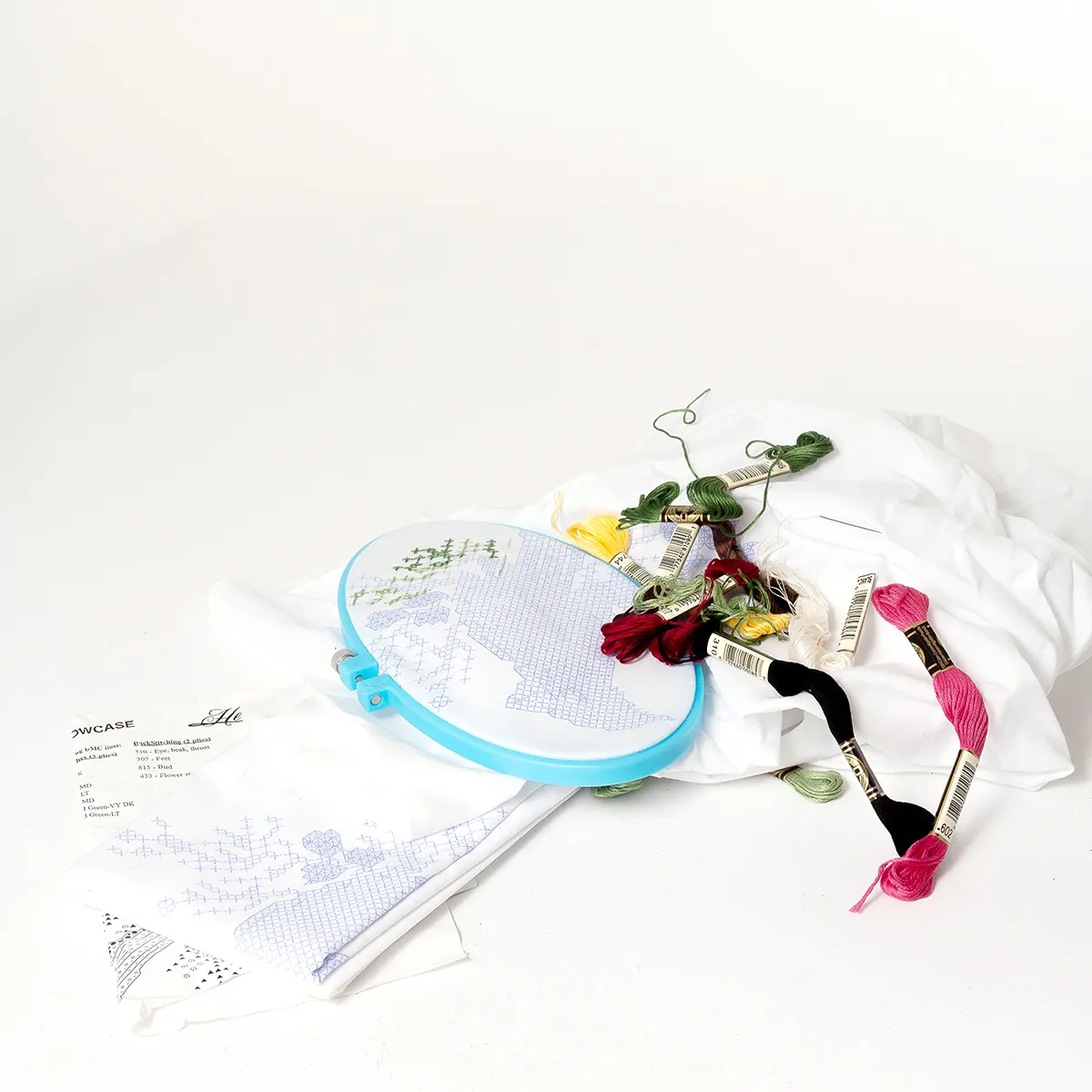 Embroidery kit, needle oval holder, colored floss, project in progress - 9.5" x 5.5"