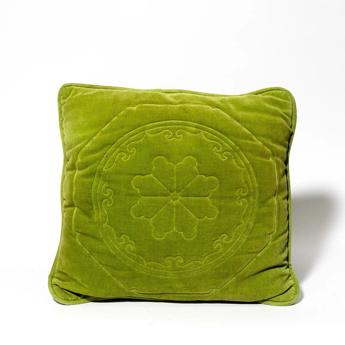 Grandma Shiek Olive Colored Crushed Velvet Throw Pillows with Flowery Detail Pair - 13.5"