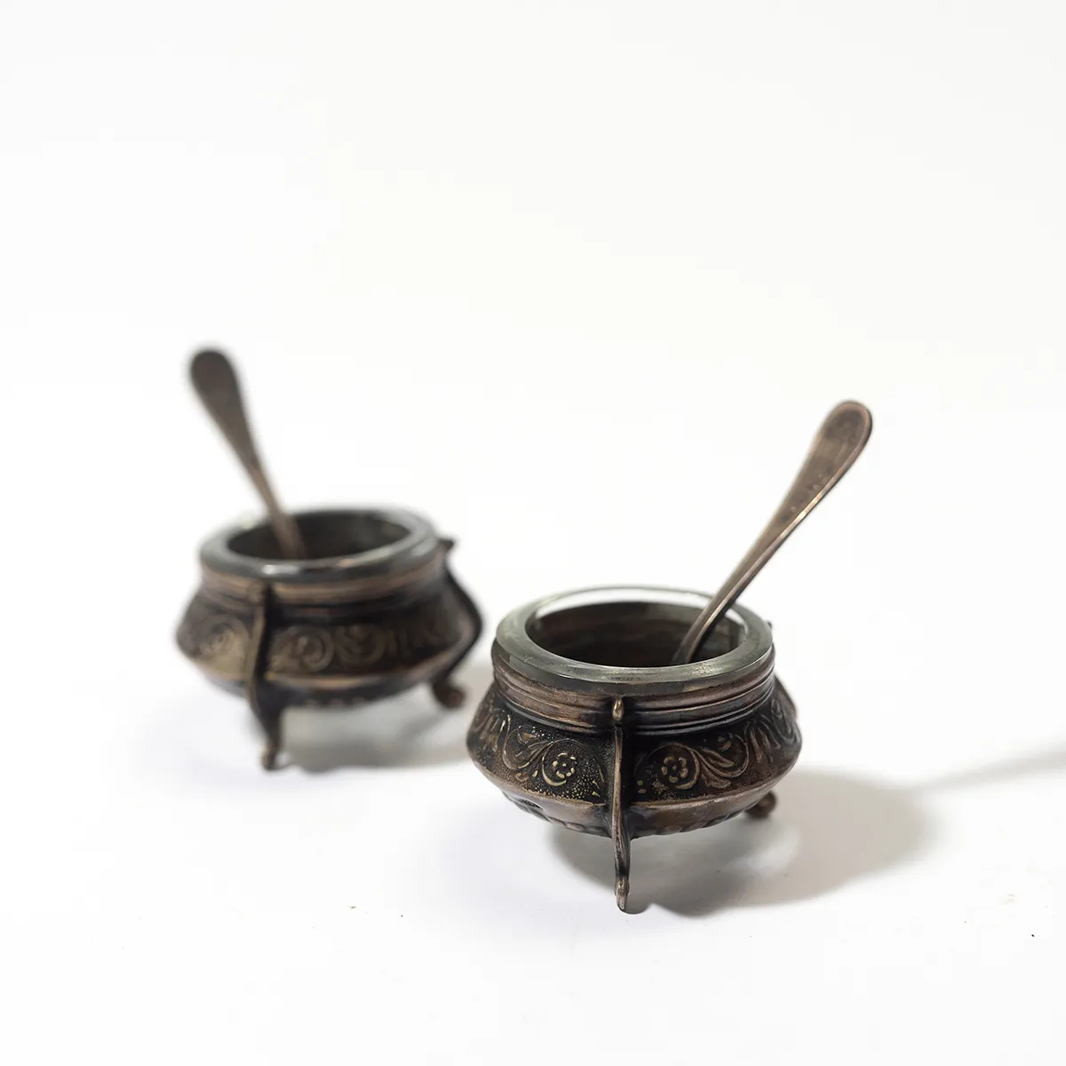 Silver and Glass Salt Cellar with Silver salt spoon - 1.5" x 2.25"