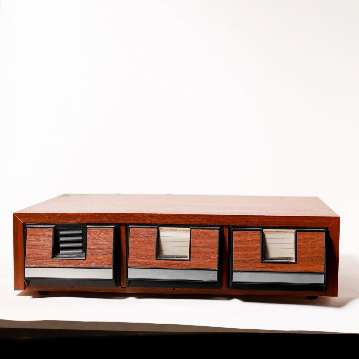 Midcentury Faux Teak Desktop 3 Drawer Card Cassette Index File Cabinet