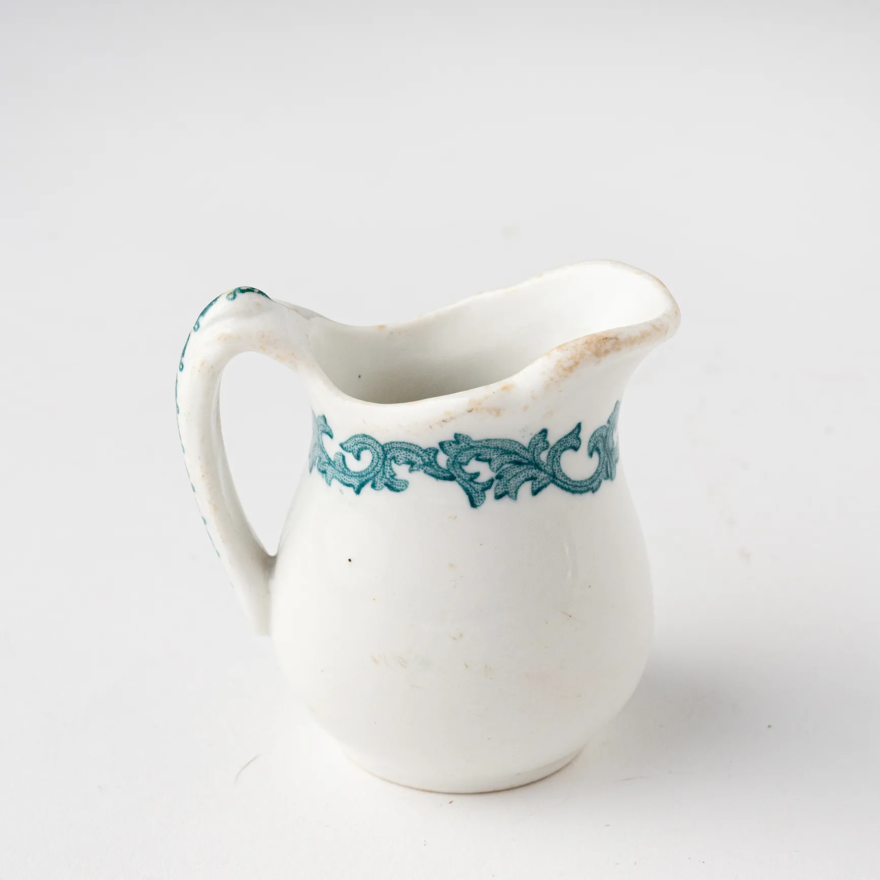 Heavy Pottery Creamer White and Green Detail - 3" x 3"