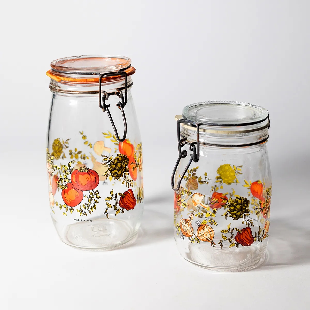 1970s Mushroom & Vegetables Clear Glass Canisters