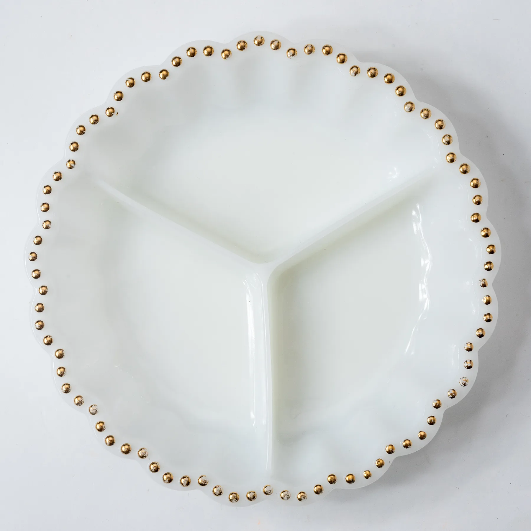 Unique Vintage Milk Glass 3 Compartment Serving Dish With Gold Scalloped Dotted Trim Relish Oyster Hors'Doeuvres Tray - 9" x 1.75"