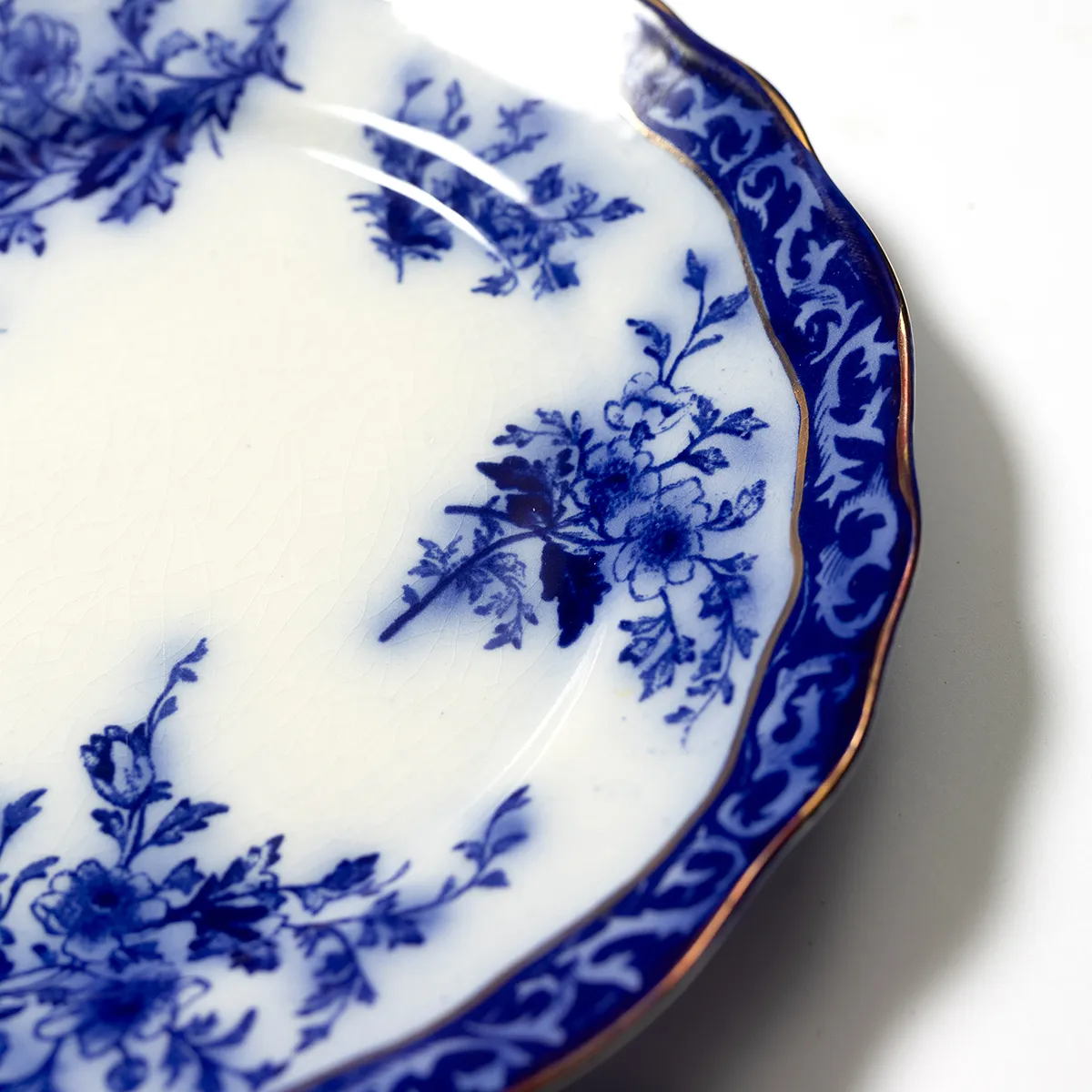 Vintage Flow Blue Touraine Dinner Plate, Cobalt, blue flower detail with gold edging - 10"
