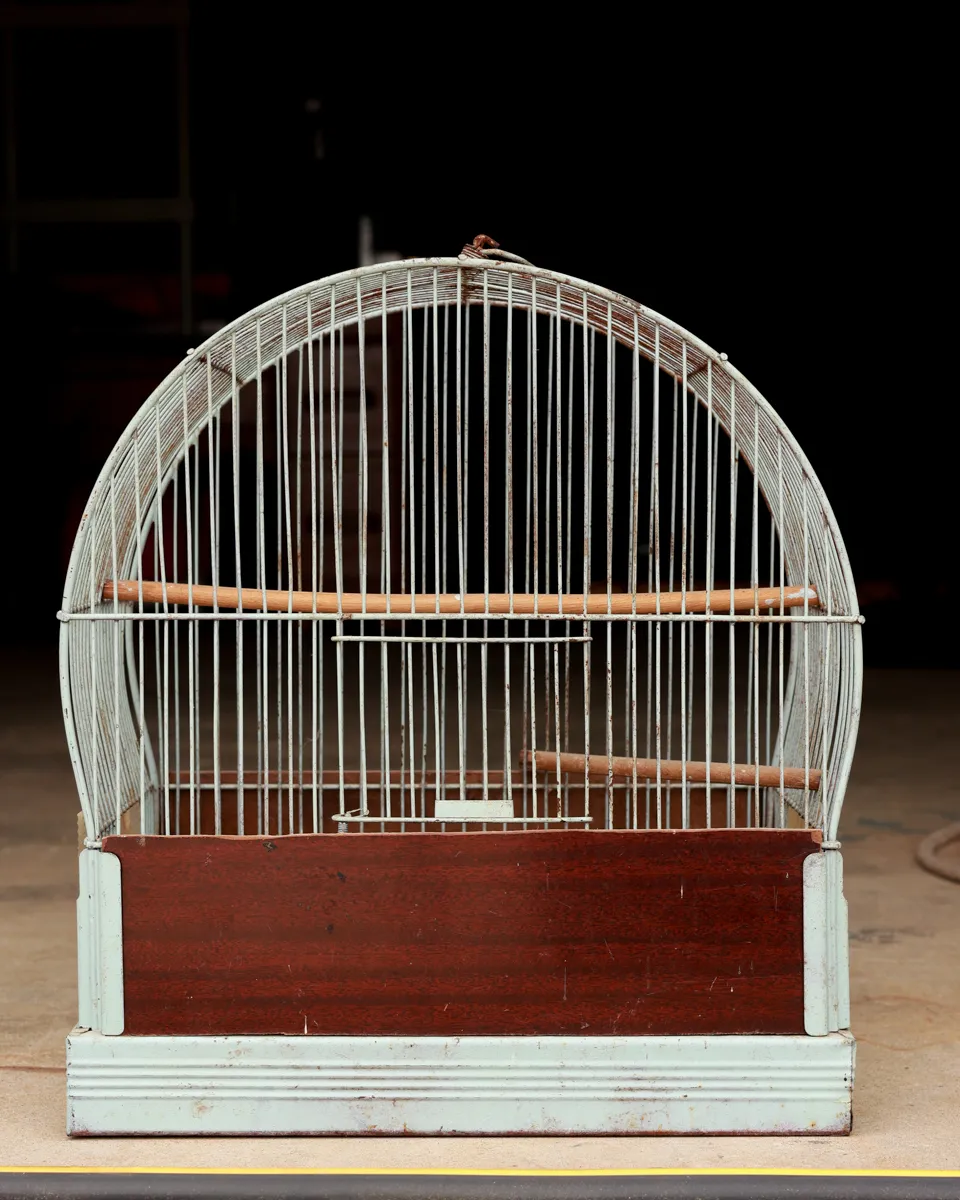 Vintage White Metal Dome Birdcage Plastic Base