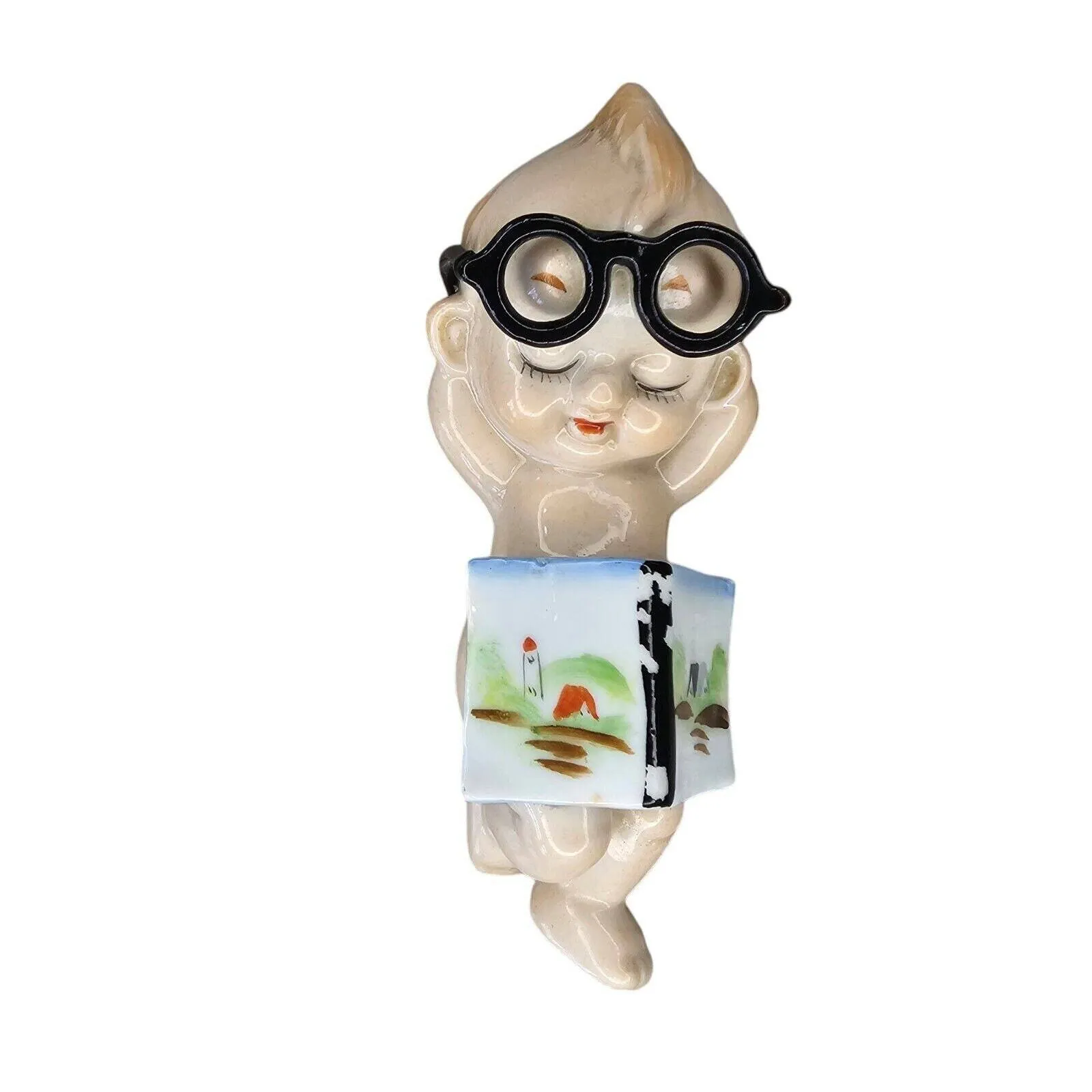 Vintage Kewpie Doll Bisque Figurine "The Listener" Ceramic 1950s baby with black glasses on the phone 