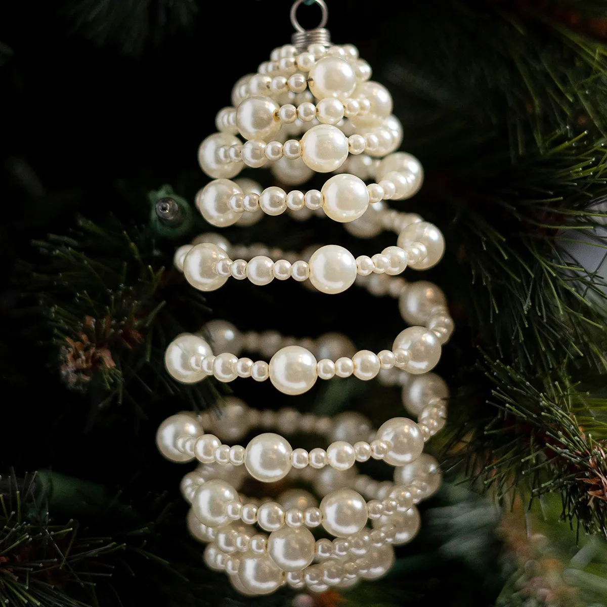 Springy white Pearl Coiled Christmas Tree Ornament