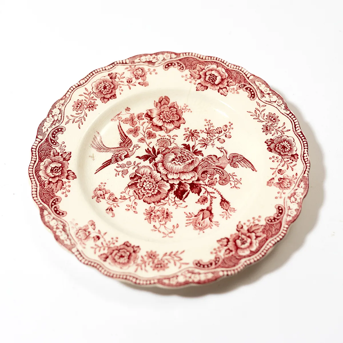 Dessert Plate Scalloped edge, intricate illustration of flowers and birds in pink - 7"