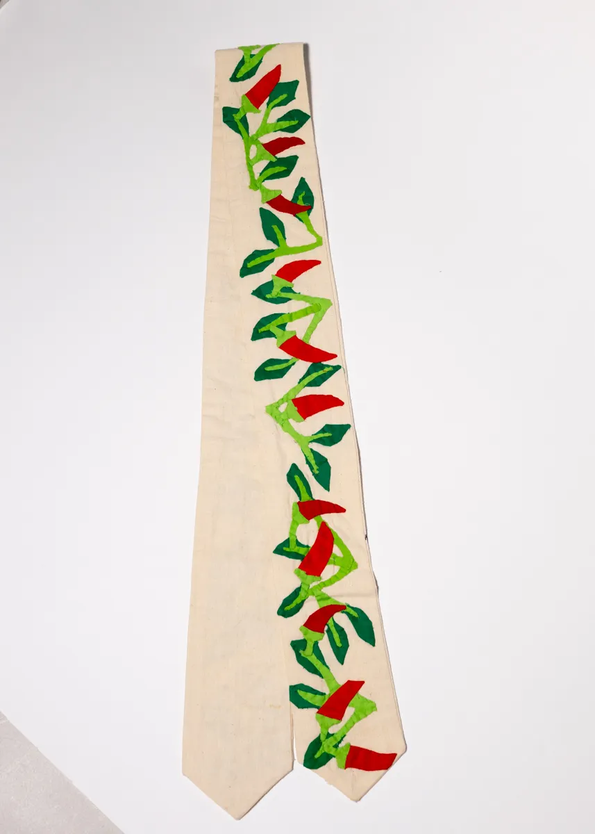 Beige Table Ribbon with hand sewn red pepper plant, Red, Dark and light Green