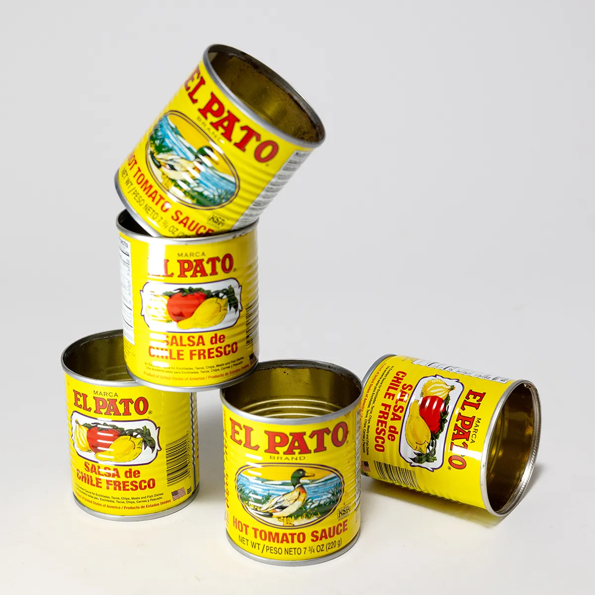 Bright Yellow El Pato Used Cans Hot Tomato Sauce