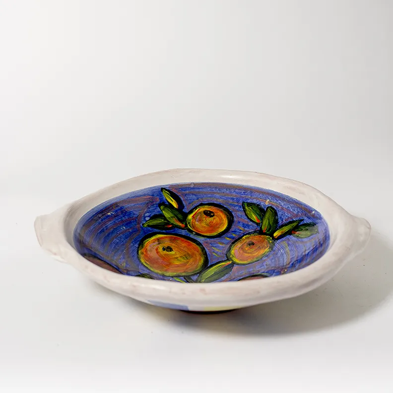 Hand painted Teracotta serving bowl, featuring blue background and hand painted oranges - 12"