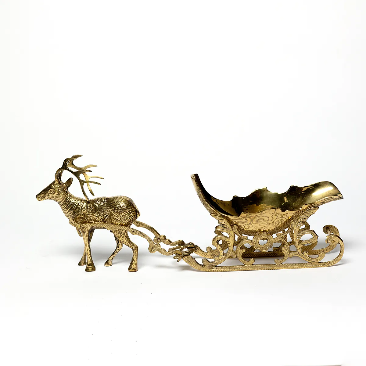 Large Brass Reindeer and Sleigh Wine Holder